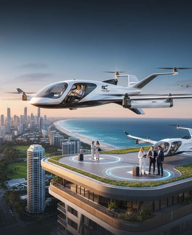 Concept eVTOL aircraft over Gold Coast skyline